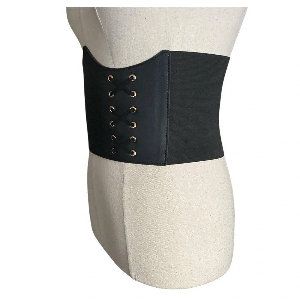 Black faux leather lace-up corset high waisted belt with an elastic panel